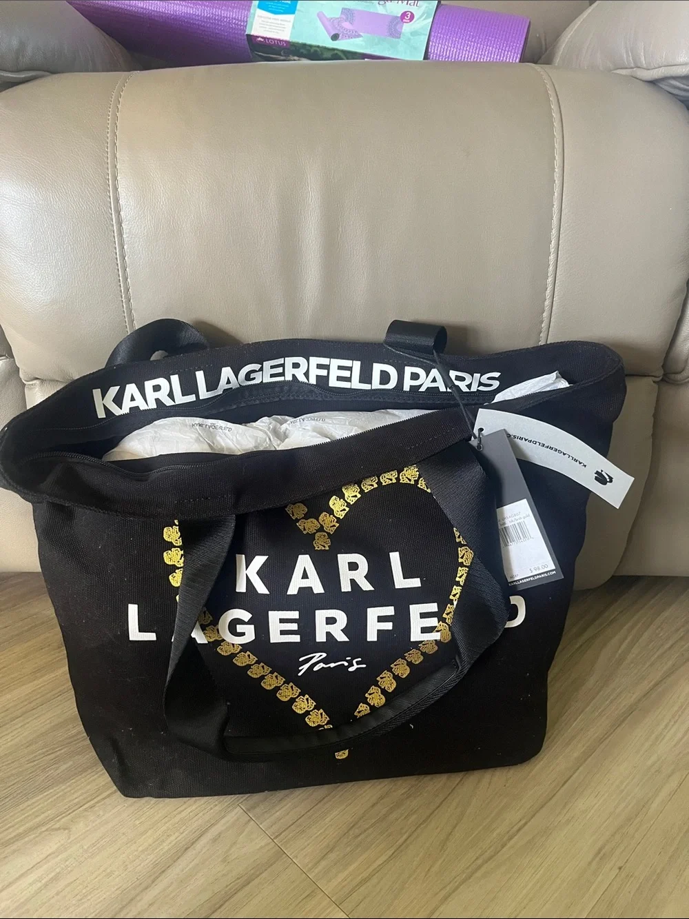 Karl Lagerfeld Black Tote with White Logo and Gold Heart Print - Picture 2 of 3